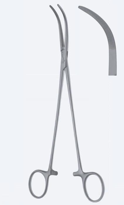 Зажими дисекційні та лігатурні Overholt-Geissendoerfer, фіг. 4, вигнуті, зубчасті щелепи, довжина 220 мм. Бренд - Asanus Medizintechnik Gmb, Німеччина